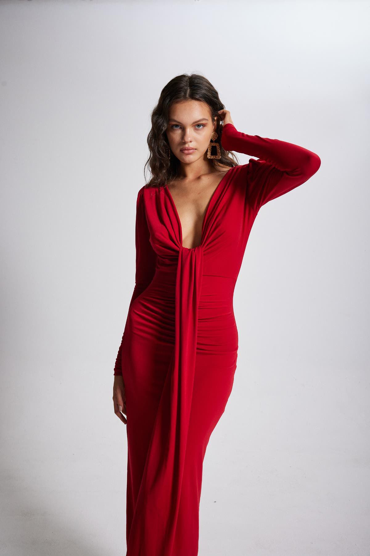 V-Ausschnitt Puffärmel Maxikleid