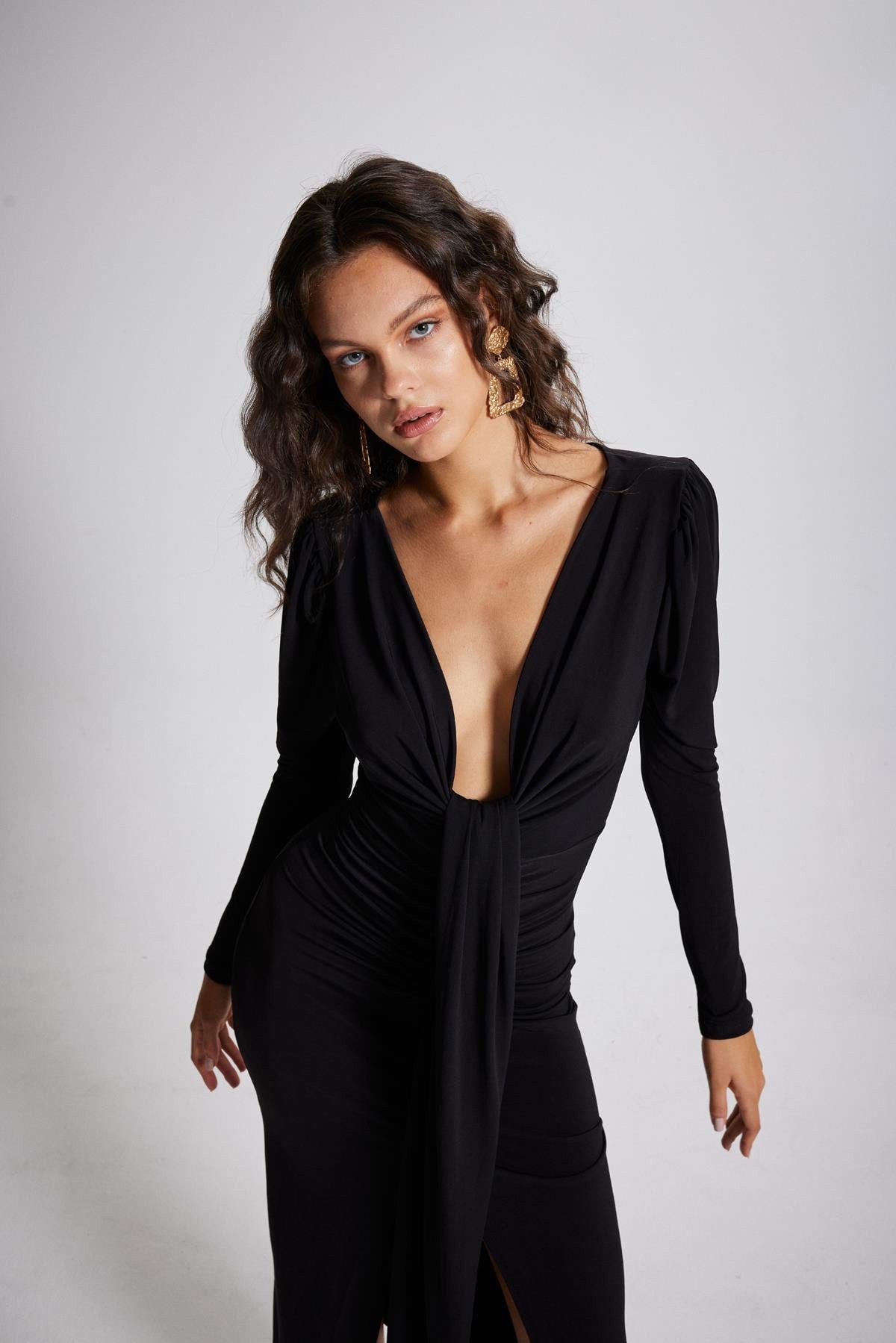 V-Ausschnitt Puffärmel Maxikleid