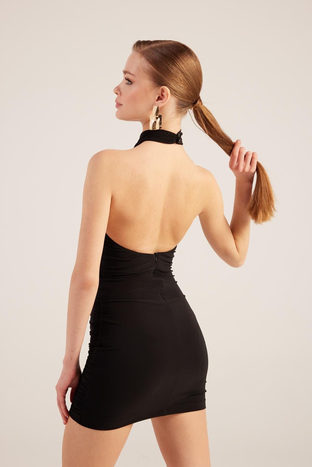 Halterneck Mini-Kleid mit Raffung
