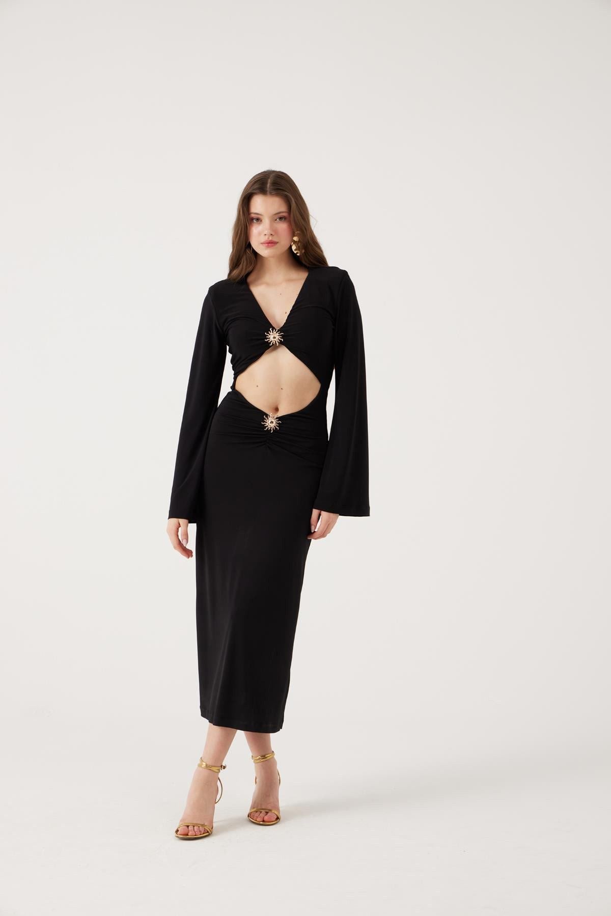 V-Ausschnitt Langkleid mit Accessoire