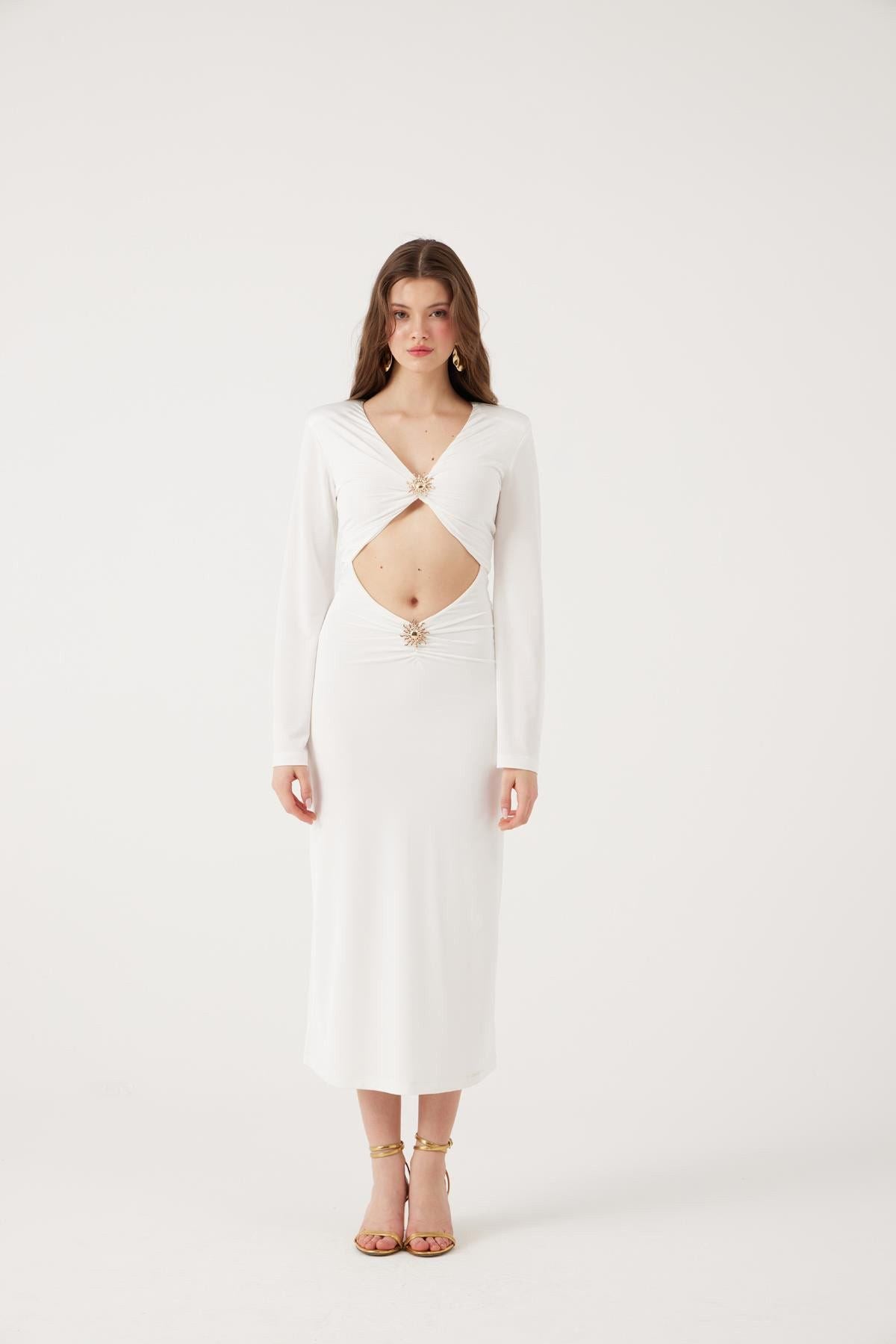 V-Ausschnitt Langkleid mit Accessoire