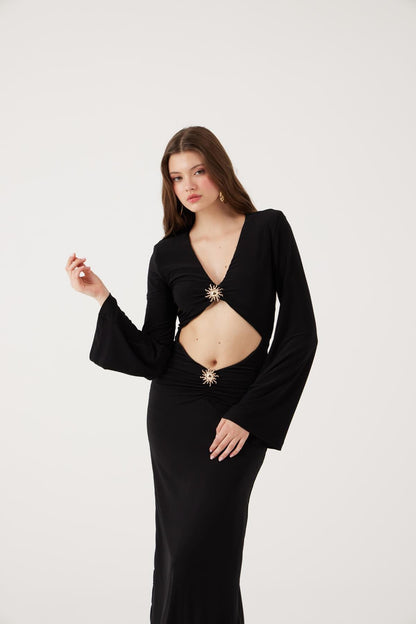 V-Ausschnitt Langkleid mit Accessoire