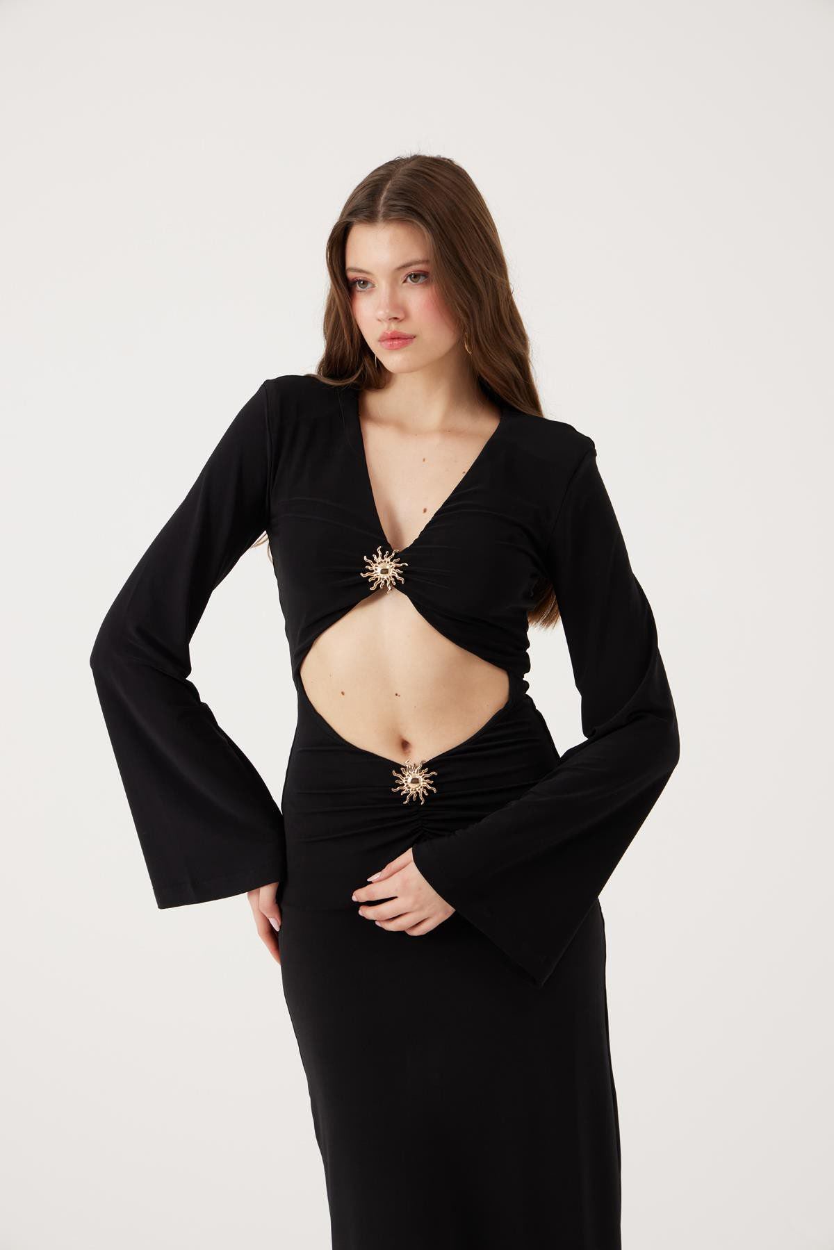 V-Ausschnitt Langkleid mit Accessoire