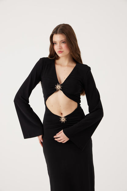 V-Ausschnitt Langkleid mit Accessoire