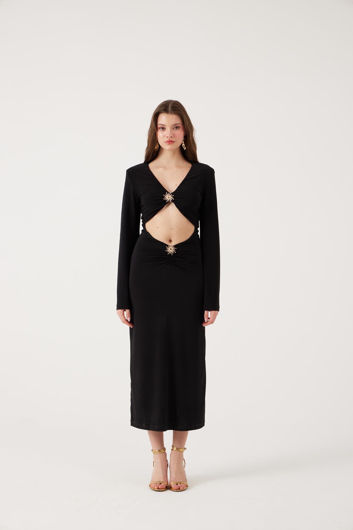 V-Ausschnitt Langkleid mit Accessoire