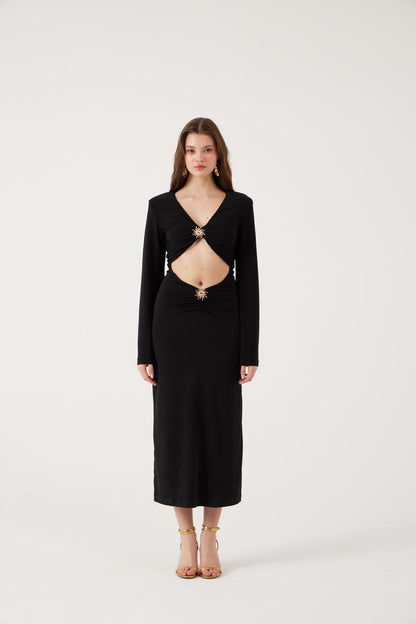 V-Ausschnitt Langkleid mit Accessoire