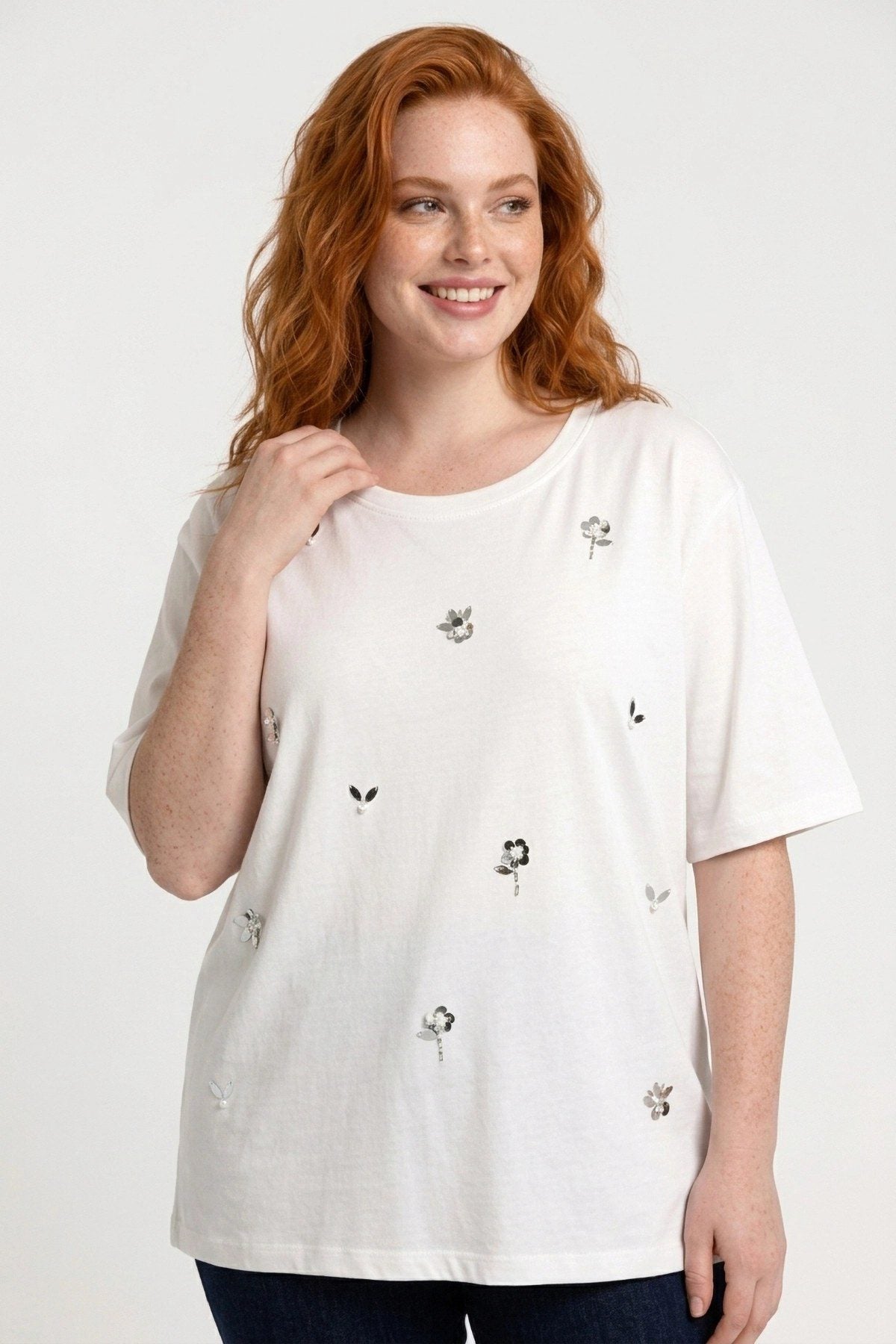 Perlen-Detail Rundhals T-Shirt