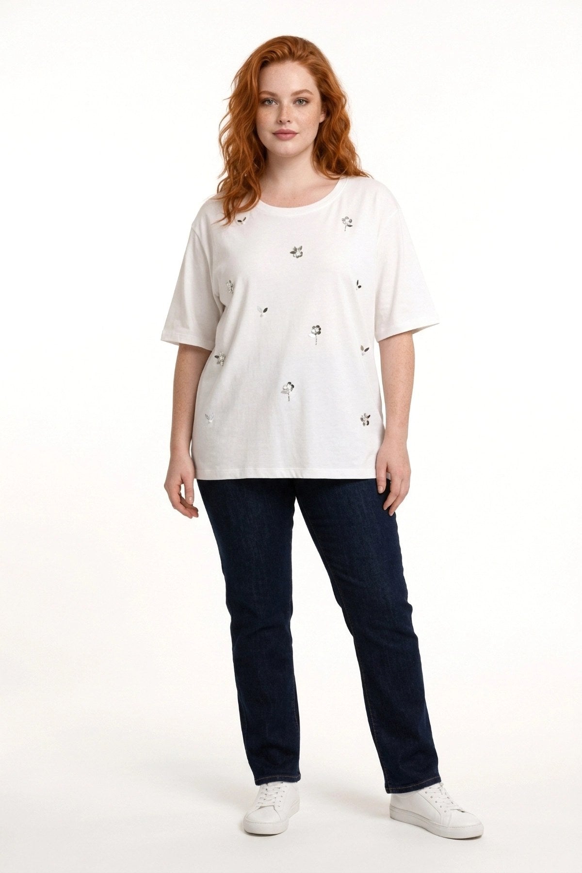 Perlen-Detail Rundhals T-Shirt