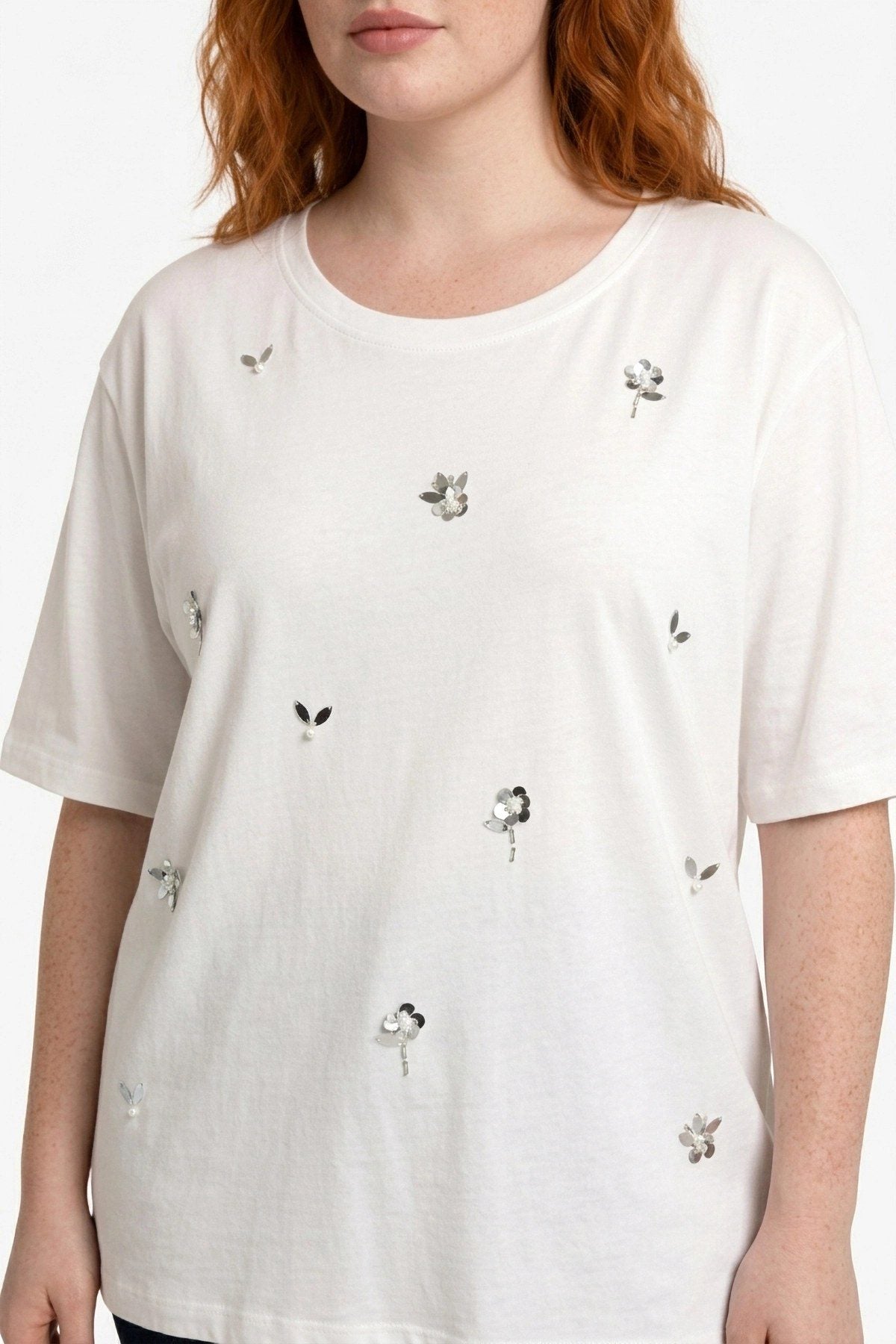 Perlen-Detail Rundhals T-Shirt
