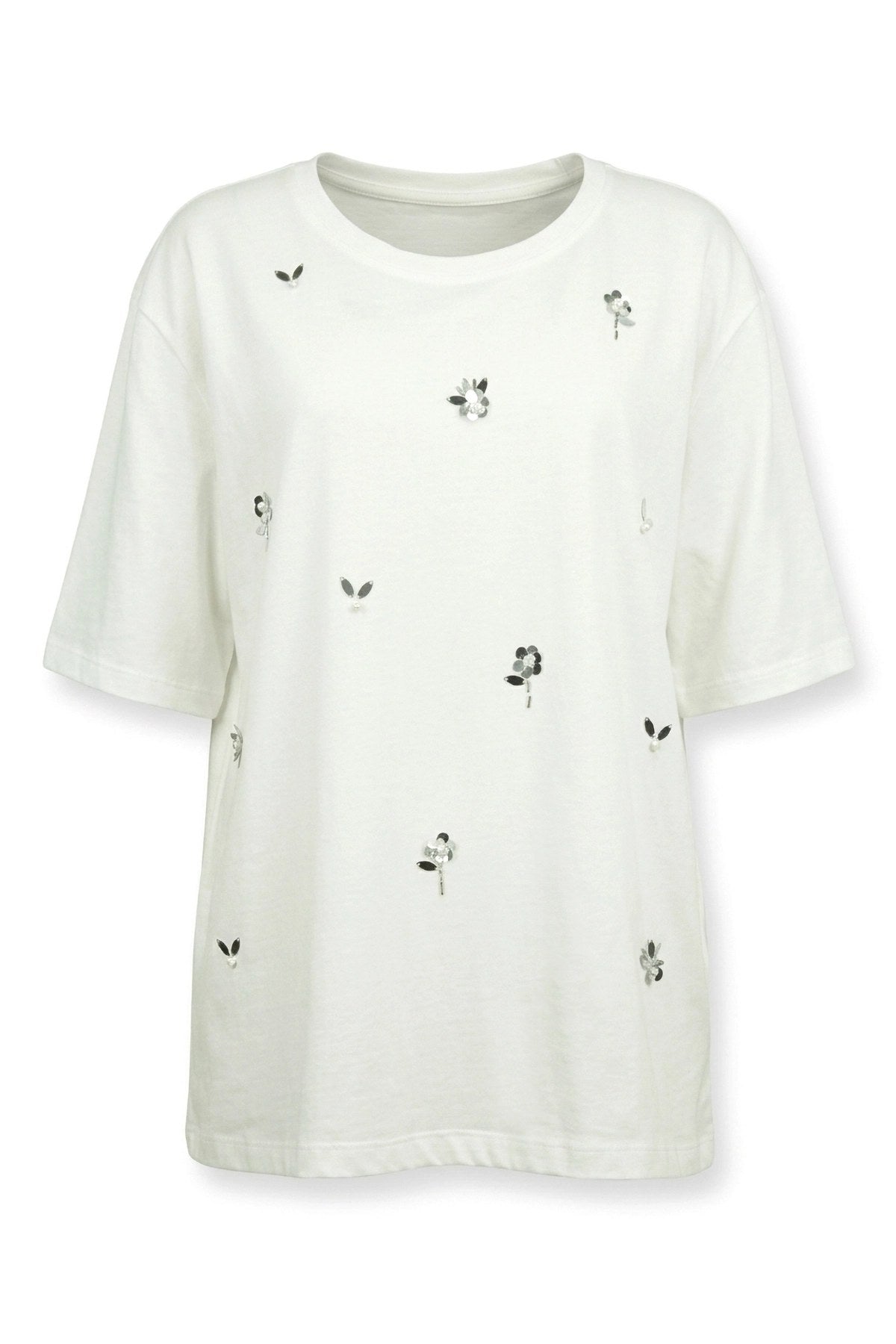 Perlen-Detail Rundhals T-Shirt