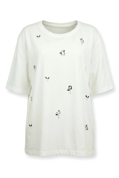 Perlen-Detail Rundhals T-Shirt