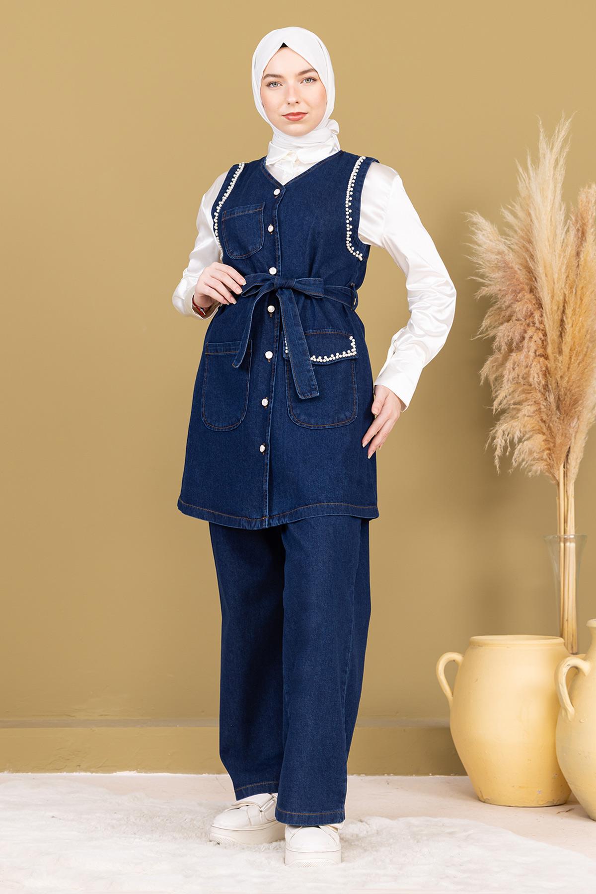 Dunkelblaues İnci Denim Set - Detailliertes Doppel-Jeans-Kombo 19245