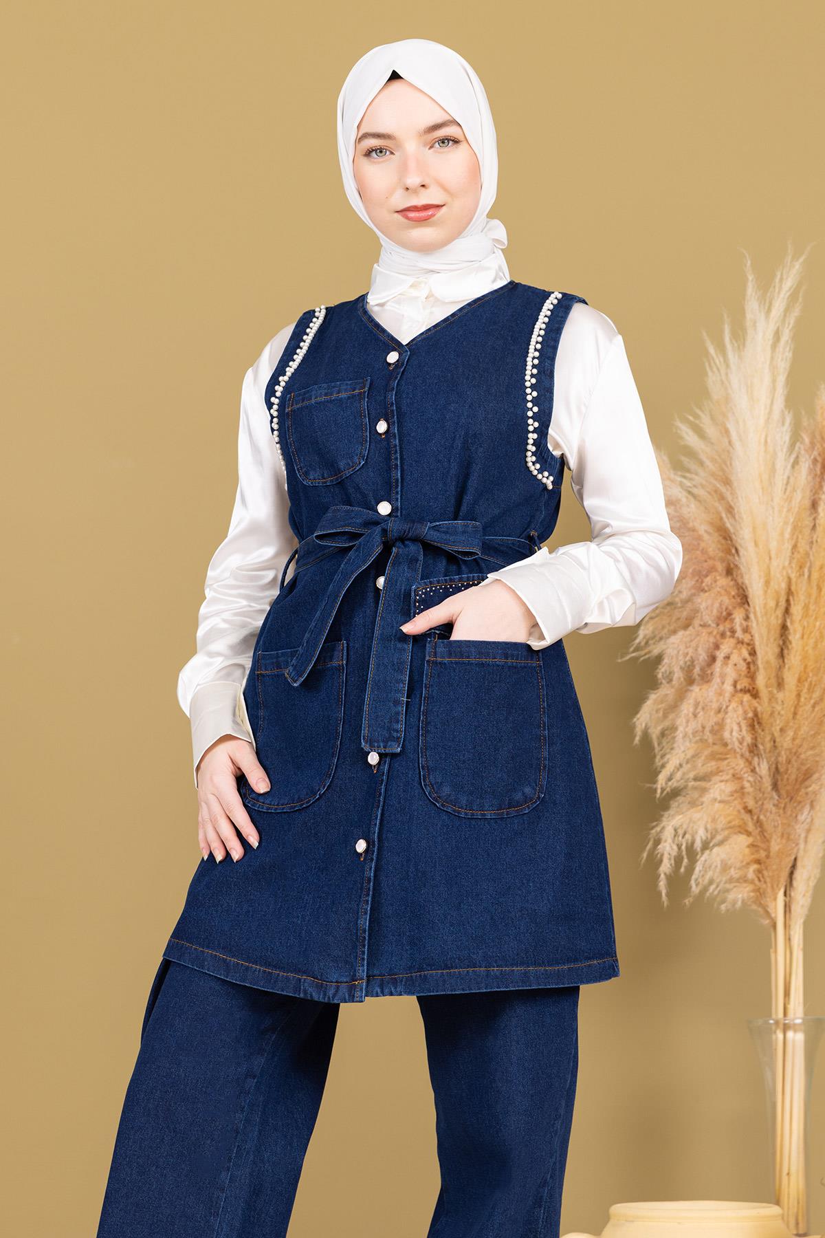 Dunkelblaues İnci Denim Set - Detailliertes Doppel-Jeans-Kombo 19245