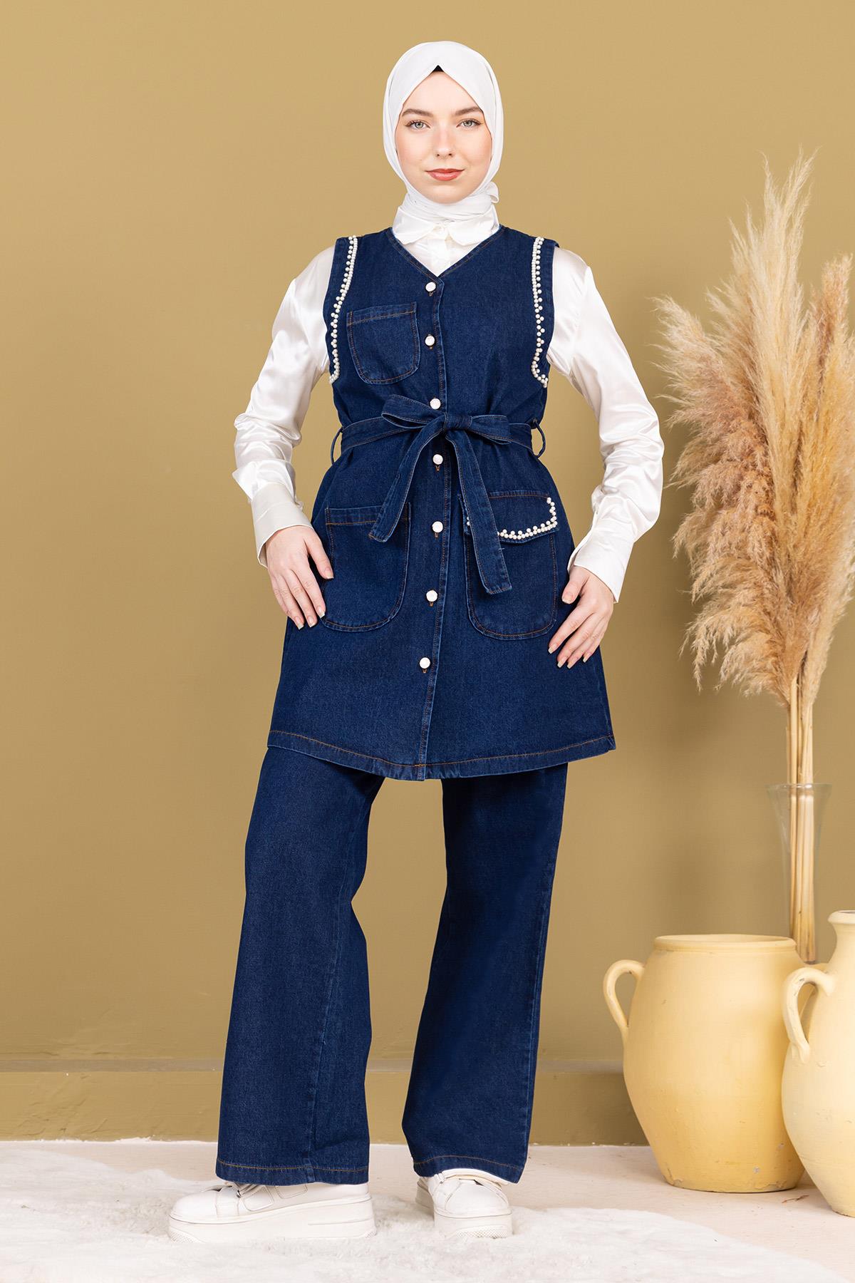 Dunkelblaues İnci Denim Set - Detailliertes Doppel-Jeans-Kombo 19245