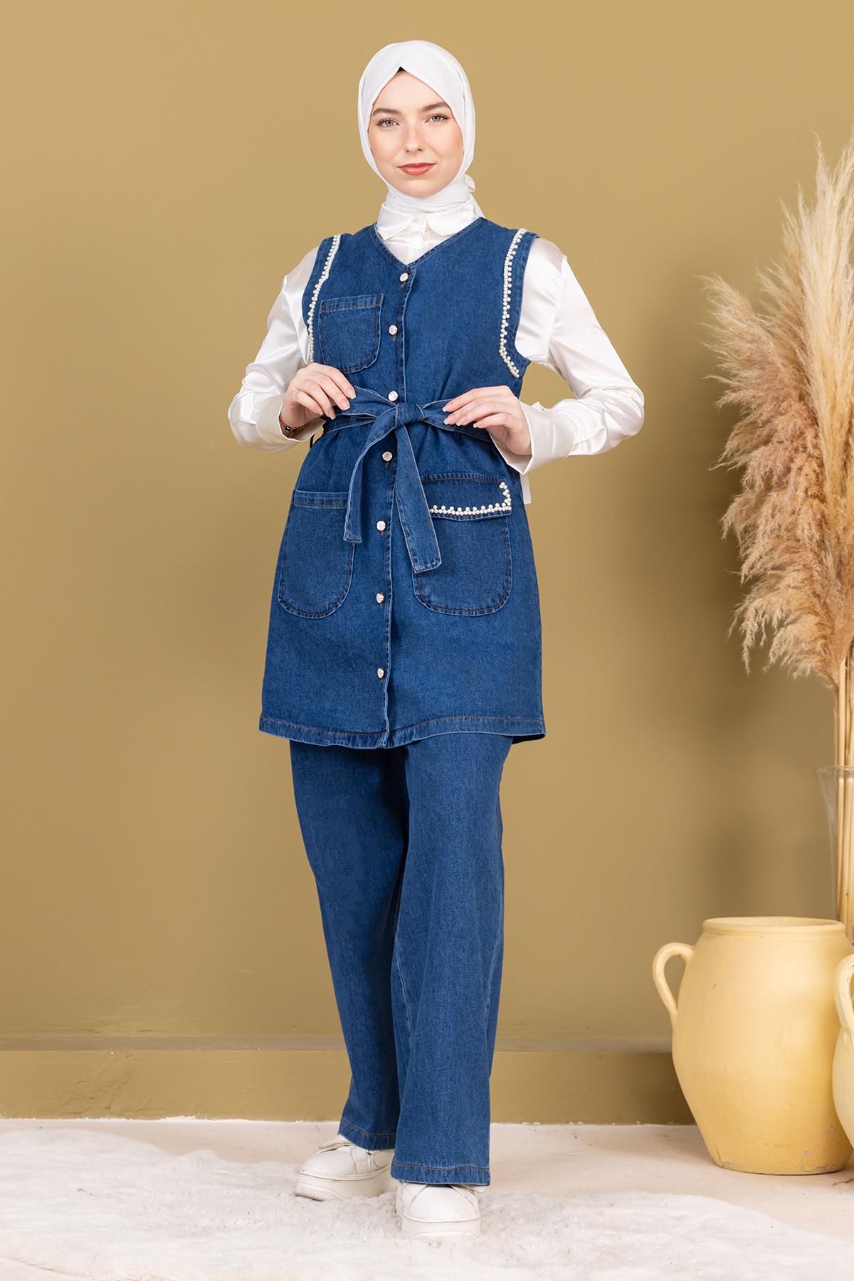 Dunkelblaues İnci Denim Set - Detailliertes Doppel-Jeans-Kombo 19245