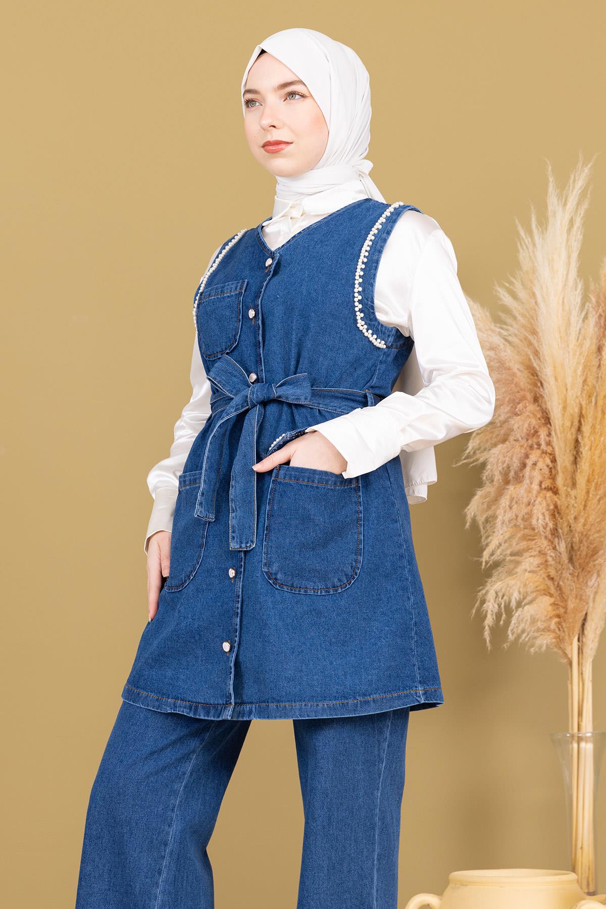 Dunkelblaues İnci Denim Set - Detailliertes Doppel-Jeans-Kombo 19245