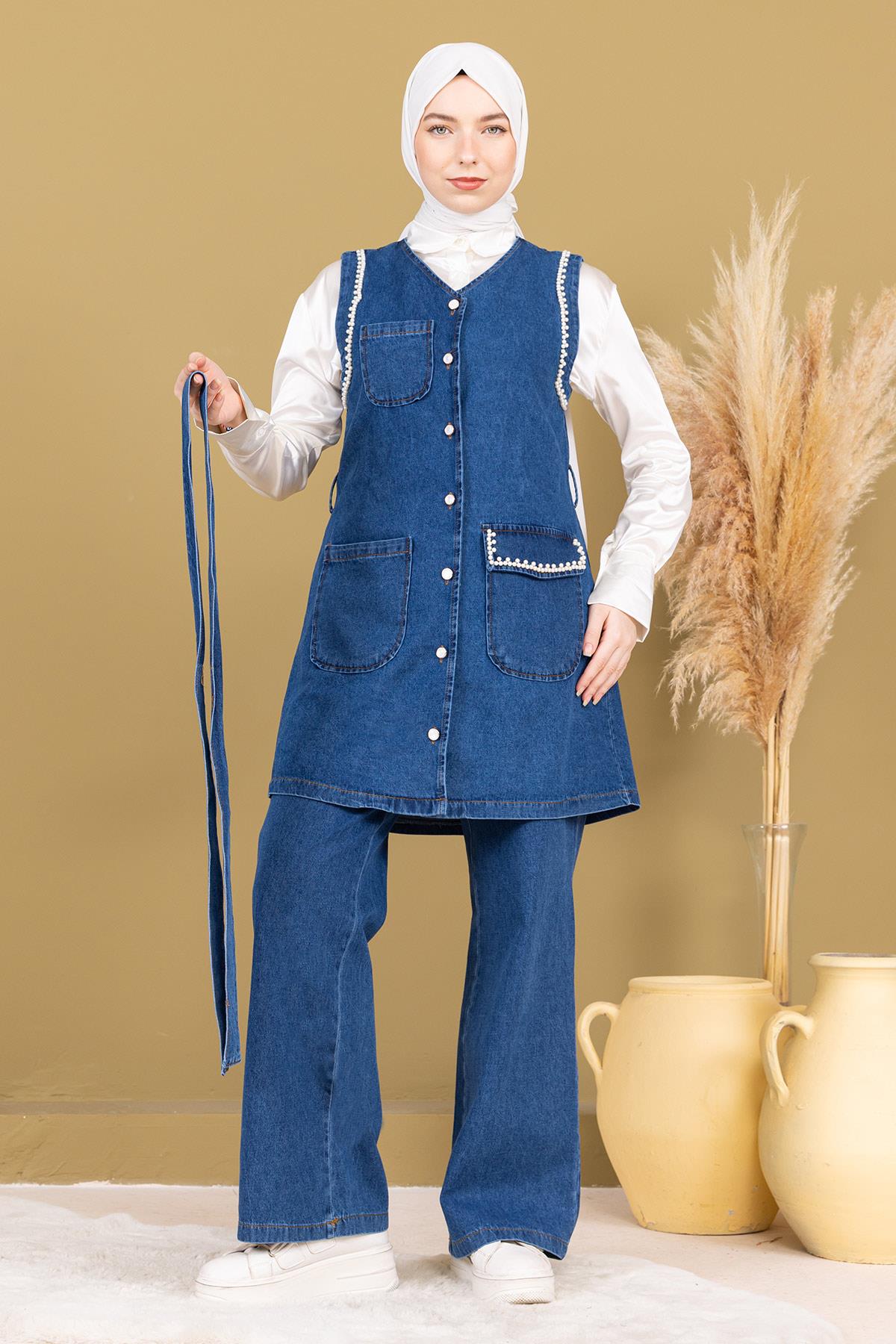 Dunkelblaues İnci Denim Set - Detailliertes Doppel-Jeans-Kombo 19245
