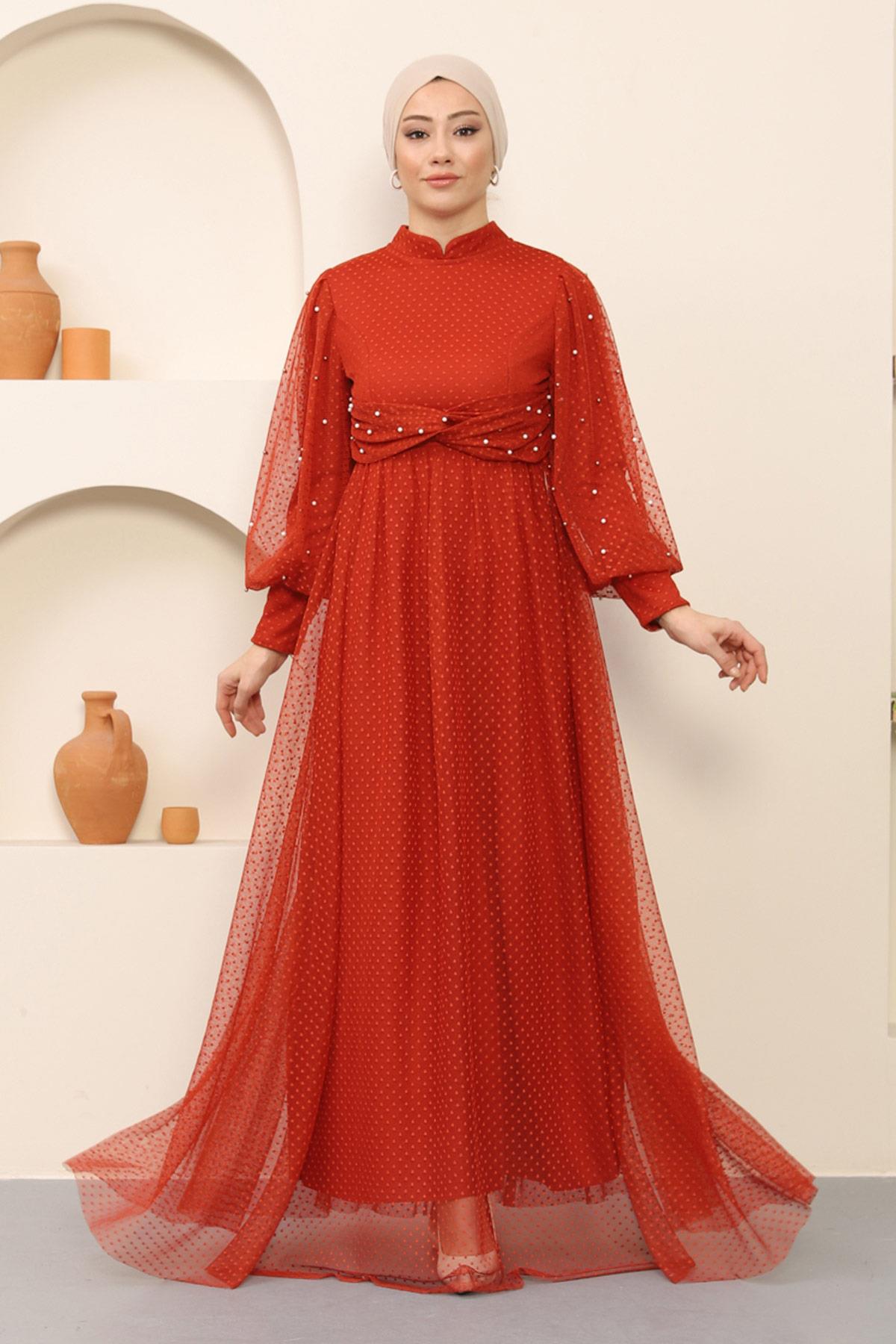 Chice Tüll Detail Abaya in Ziegelrot - MSW12238-4