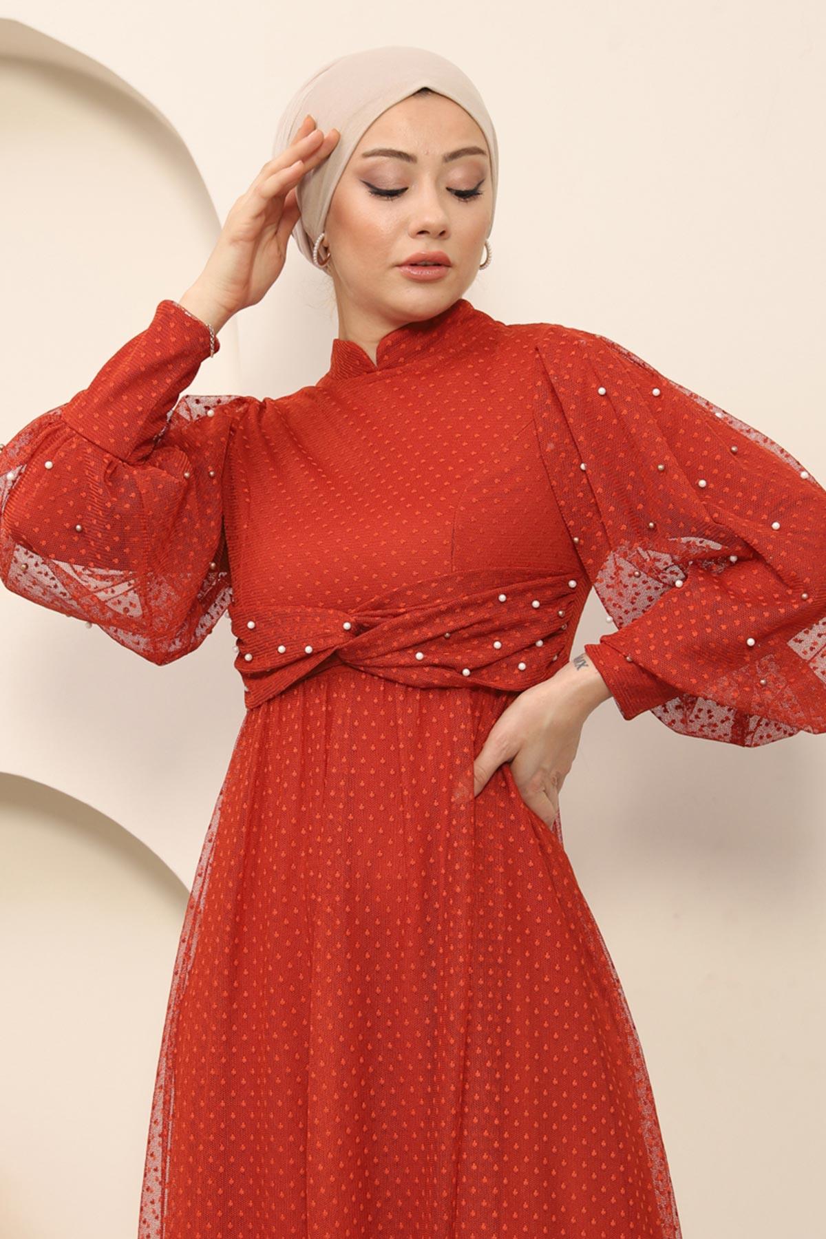 Chice Tüll Detail Abaya in Ziegelrot - MSW12238-4