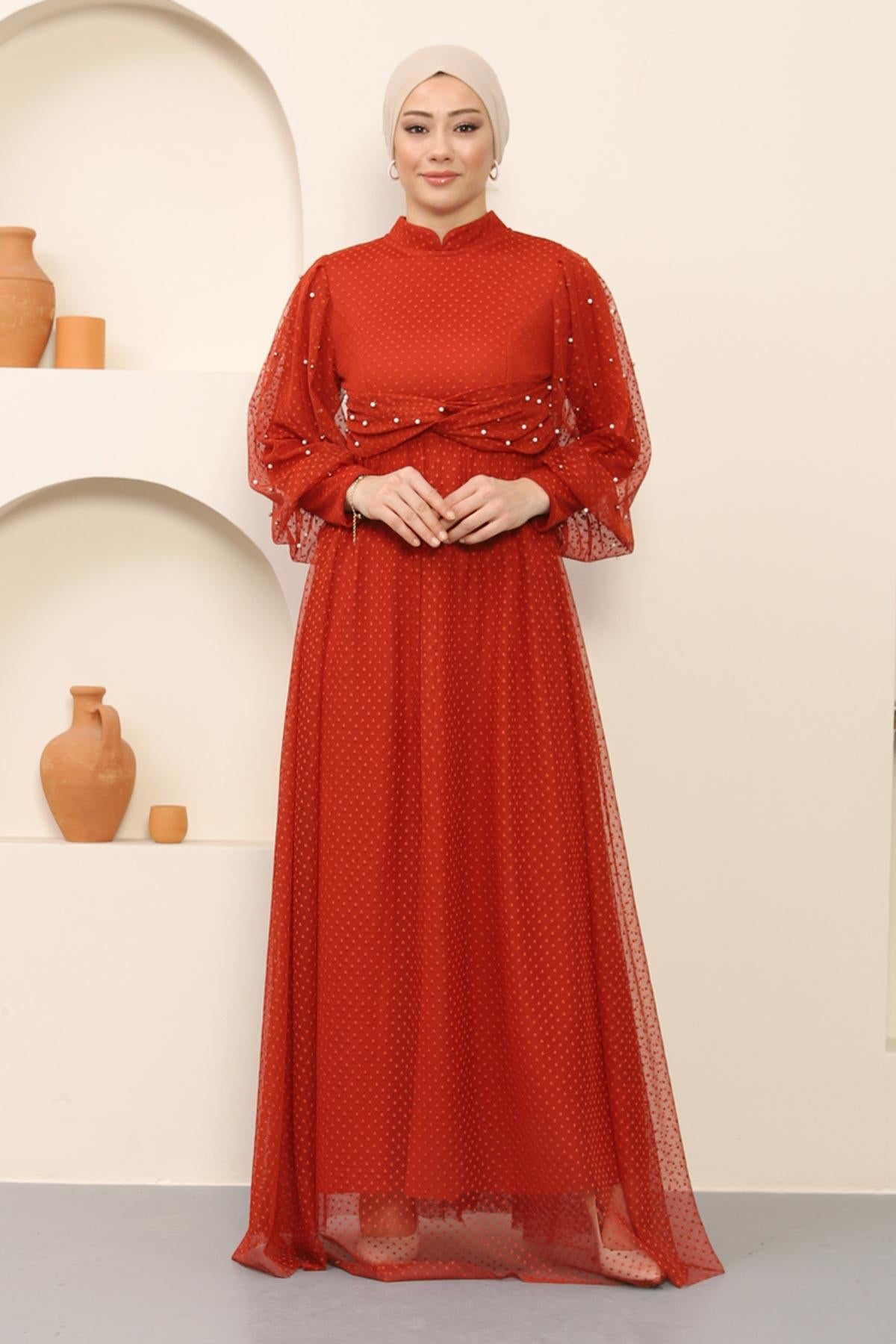 Chice Tüll Detail Abaya in Ziegelrot - MSW12238-4