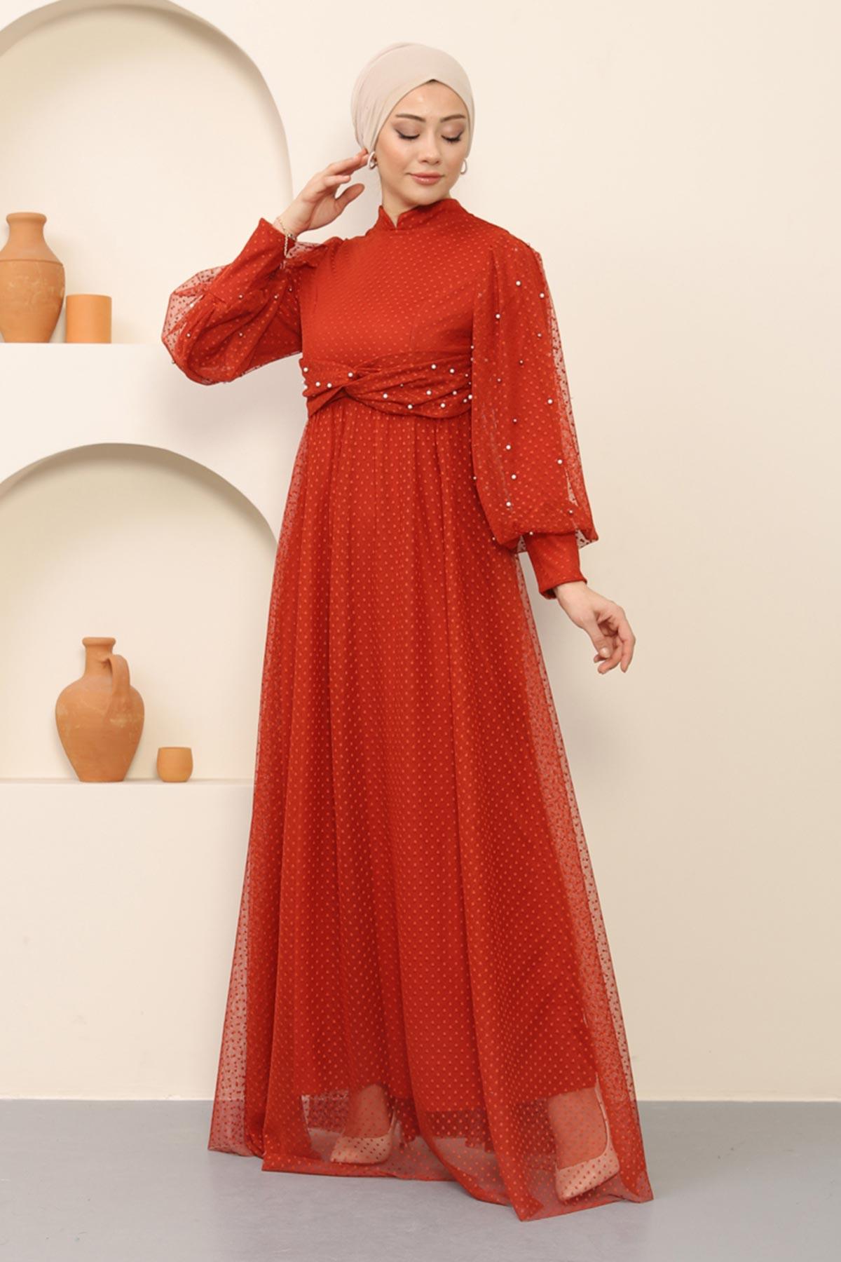 Chice Tüll Detail Abaya in Ziegelrot - MSW12238-4