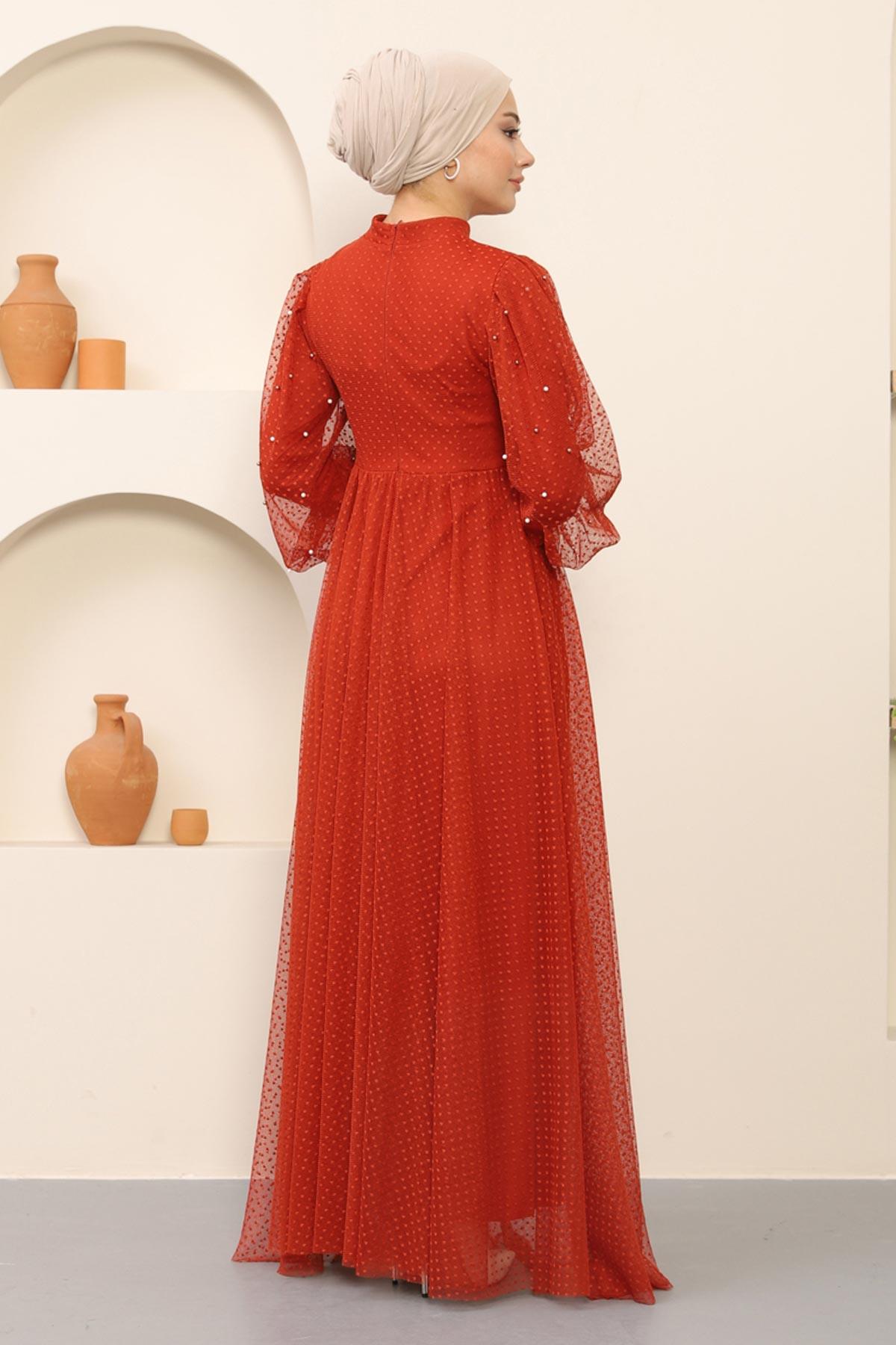 Chice Tüll Detail Abaya in Ziegelrot - MSW12238-4