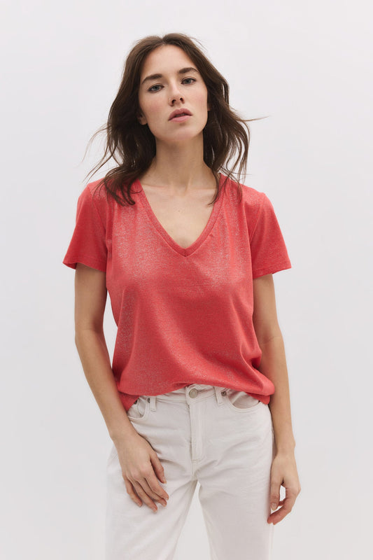 Basic-Kleid mit V-Ausschnitt aus schimmerndem Stoff