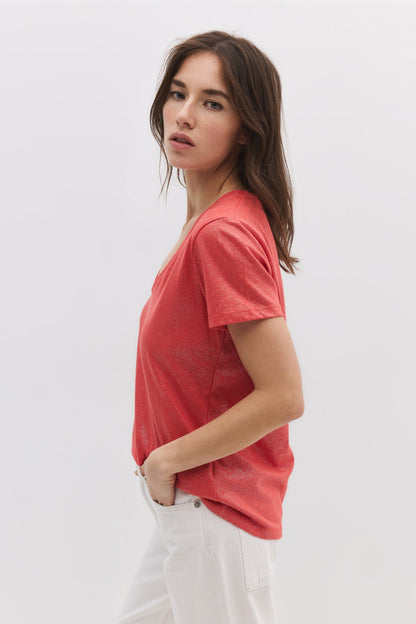 Basic-Kleid mit V-Ausschnitt aus schimmerndem Stoff