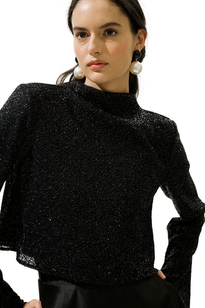 GLÄNZENDE LANGÄRMELIGE BLUSE, SCHWARZ