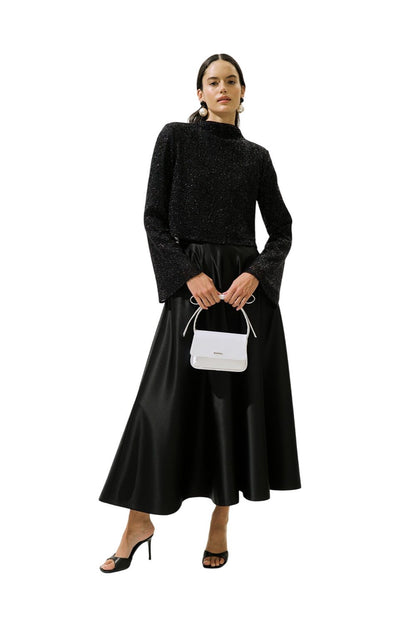 GLÄNZENDE LANGÄRMELIGE BLUSE, SCHWARZ