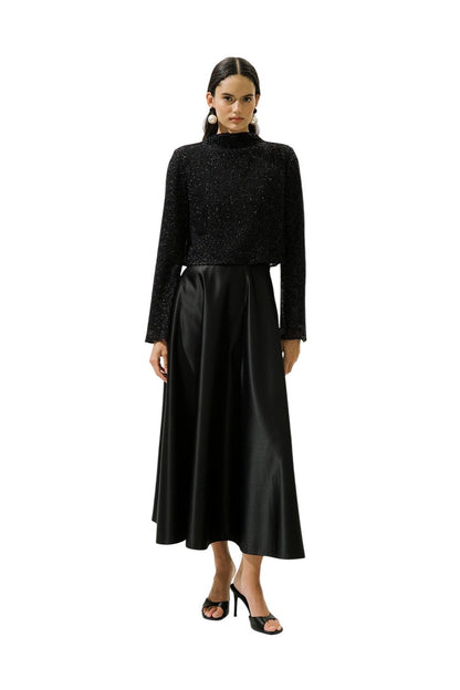 GLÄNZENDE LANGÄRMELIGE BLUSE, SCHWARZ