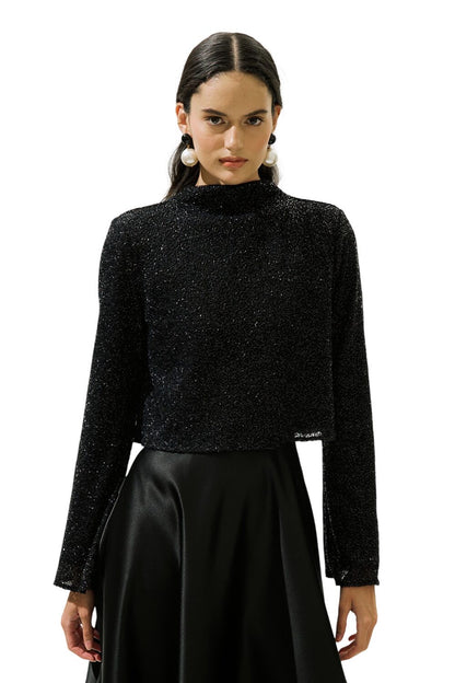 GLÄNZENDE LANGÄRMELIGE BLUSE, SCHWARZ