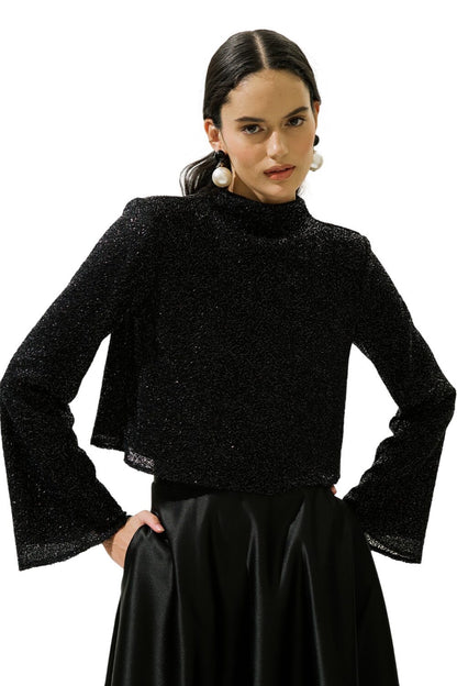GLÄNZENDE LANGÄRMELIGE BLUSE, SCHWARZ