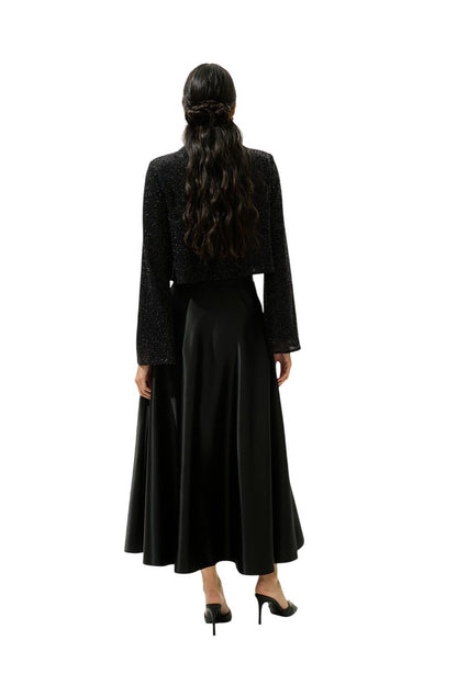 GLÄNZENDE LANGÄRMELIGE BLUSE, SCHWARZ
