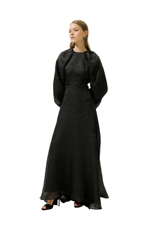 Jacquard-Organza-Abendkleid, Schwarz