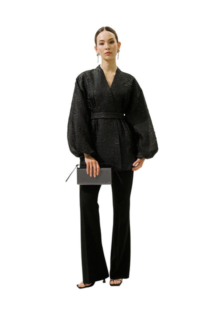 Jacquard-Organza-Kimono, schwarz