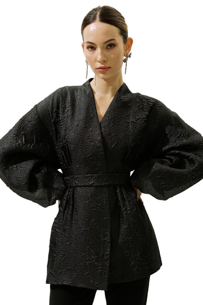 Jacquard-Organza-Kimono, schwarz