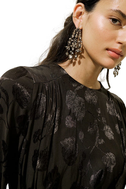 Jacquard-Satin-Abendkleid, Schwarz
