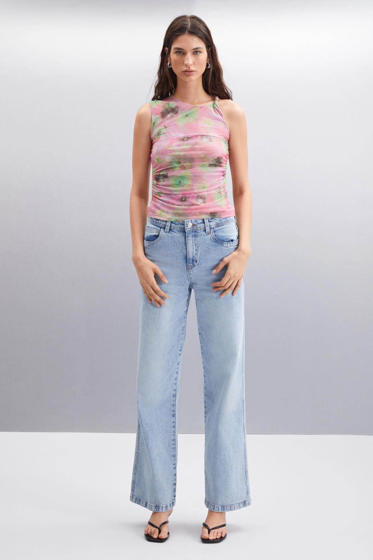 JERI Damen Geblümte Mesh-Bluse