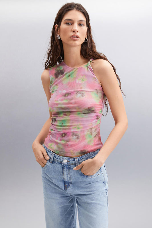 JERI Damen Geblümte Mesh-Bluse