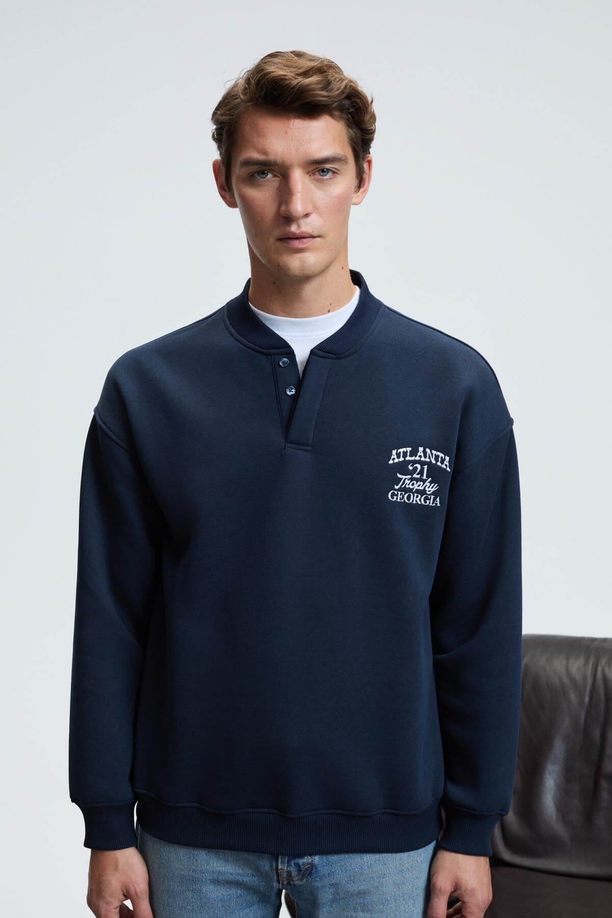 GRIMELANGE Herren Bomber-Kragen Sweatshirt Marineblau