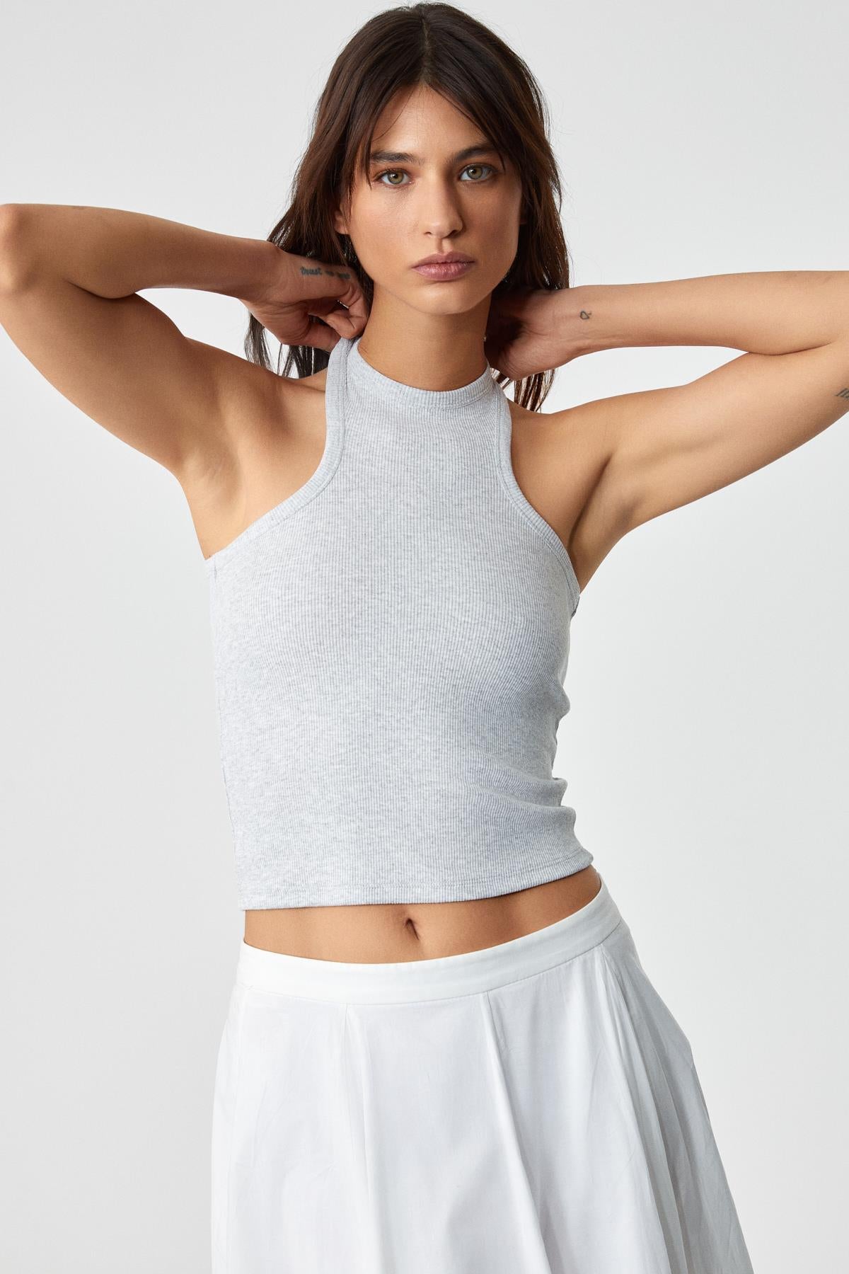 ETHIQUET JROKSY Damen Slim Neckholder-Weste Graue Melange