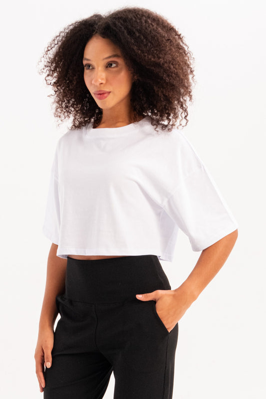 Crop-Damen-T-Shirt aus 100 % Baumwolle mit Rundhalsausschnitt