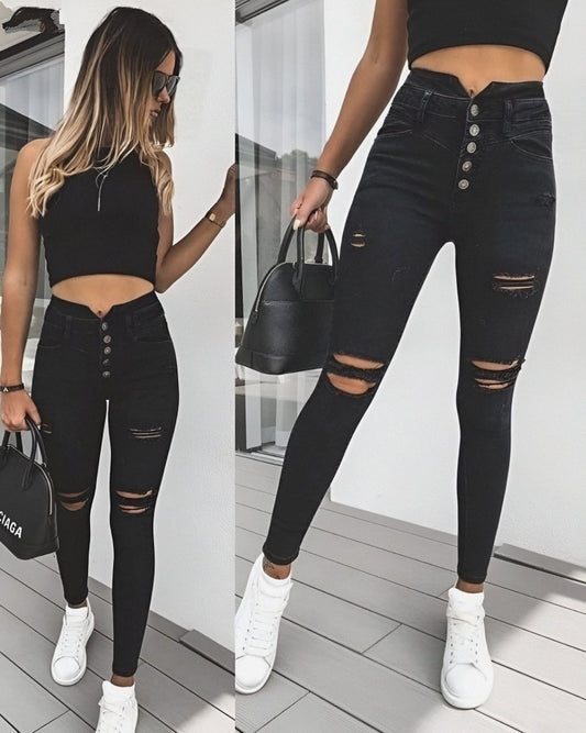 JANE'S Damen 5 Knopf V Detail Taille Zerrissene Jeans