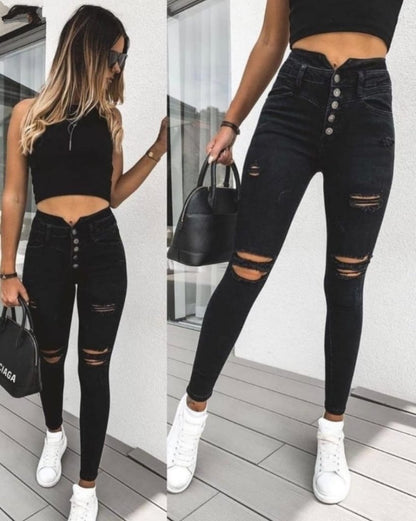 JANE'S Damen 5 Knopf V Detail Taille Zerrissene Jeans