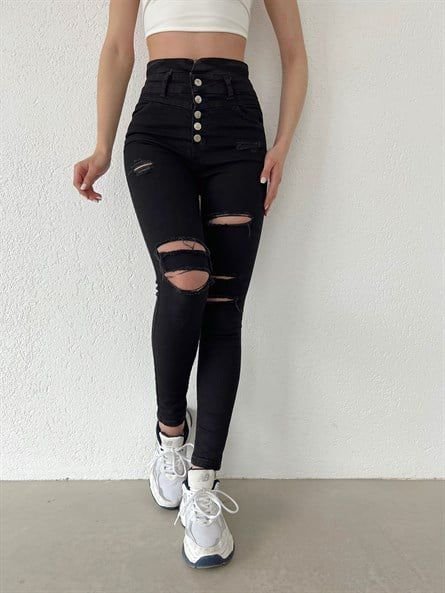 JANE'S Damen 5 Knopf V Detail Taille Zerrissene Jeans