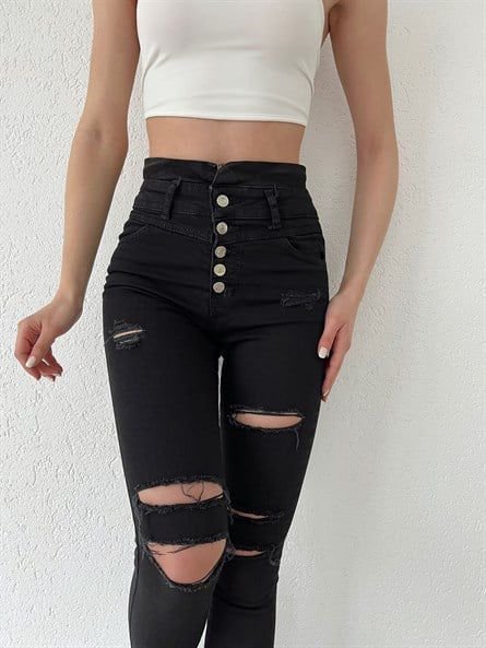 JANE'S Damen 5 Knopf V Detail Taille Zerrissene Jeans
