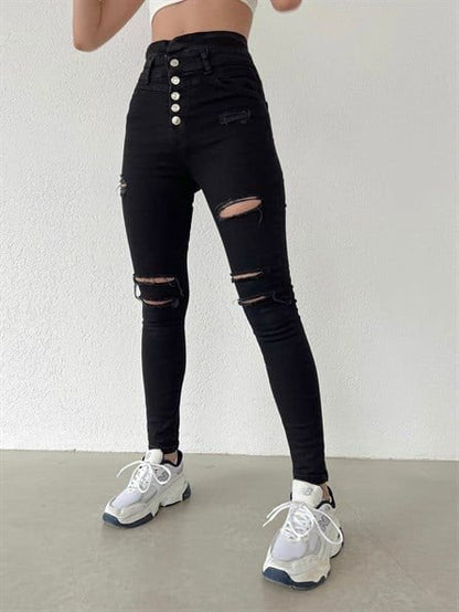 JANE'S Damen 5 Knopf V Detail Taille Zerrissene Jeans