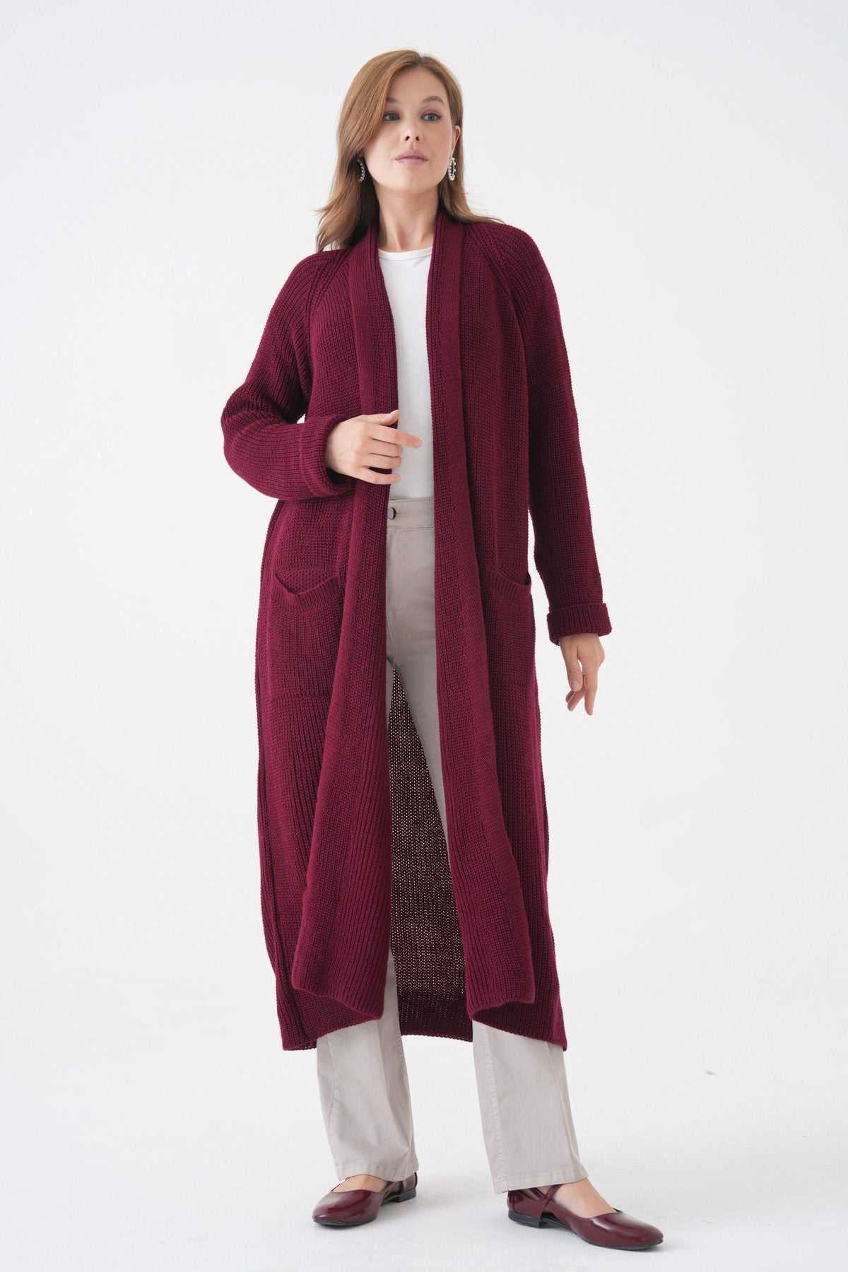 Langer Cardigan mit Schalkragen und doppelten Taschen