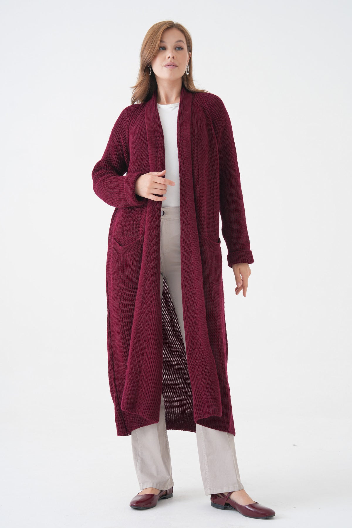 Langer Cardigan mit Schalkragen und doppelten Taschen